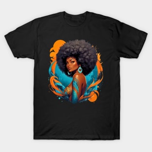 Black Woman Retro vintage psychedelic 80s disco tattoo design T-Shirt